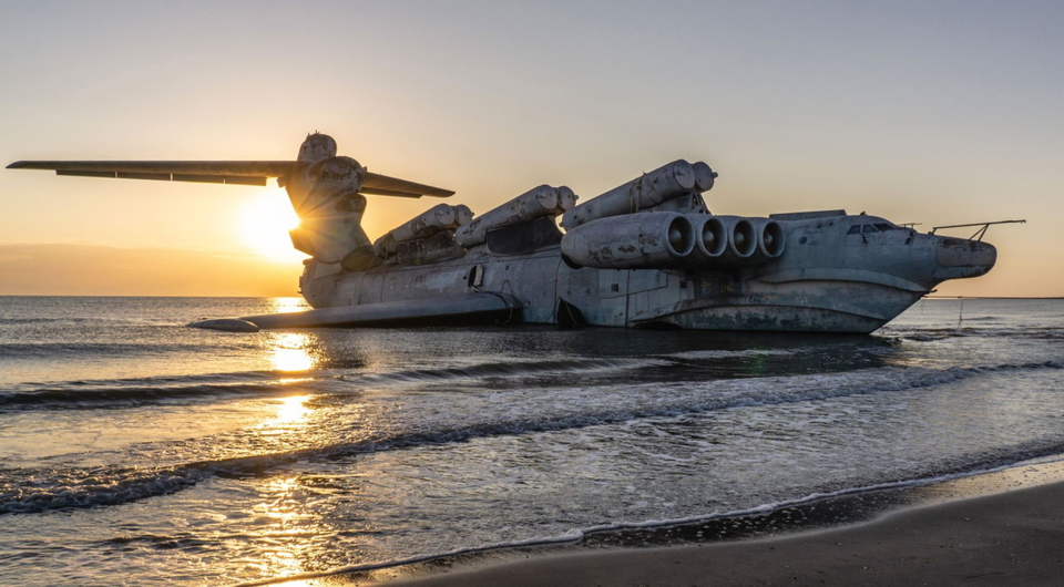 A picture of the Lun Class Ekranoplan, abandoned on the Dagestan shore.